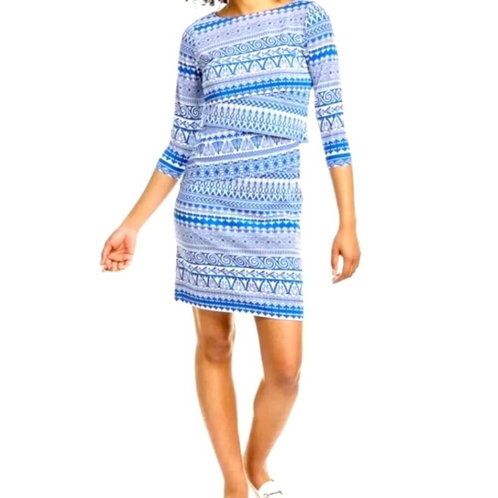 J Mclaughlin Nicola Dress Light Blue And White Contemporary Print 3/4 Sleeve Xs